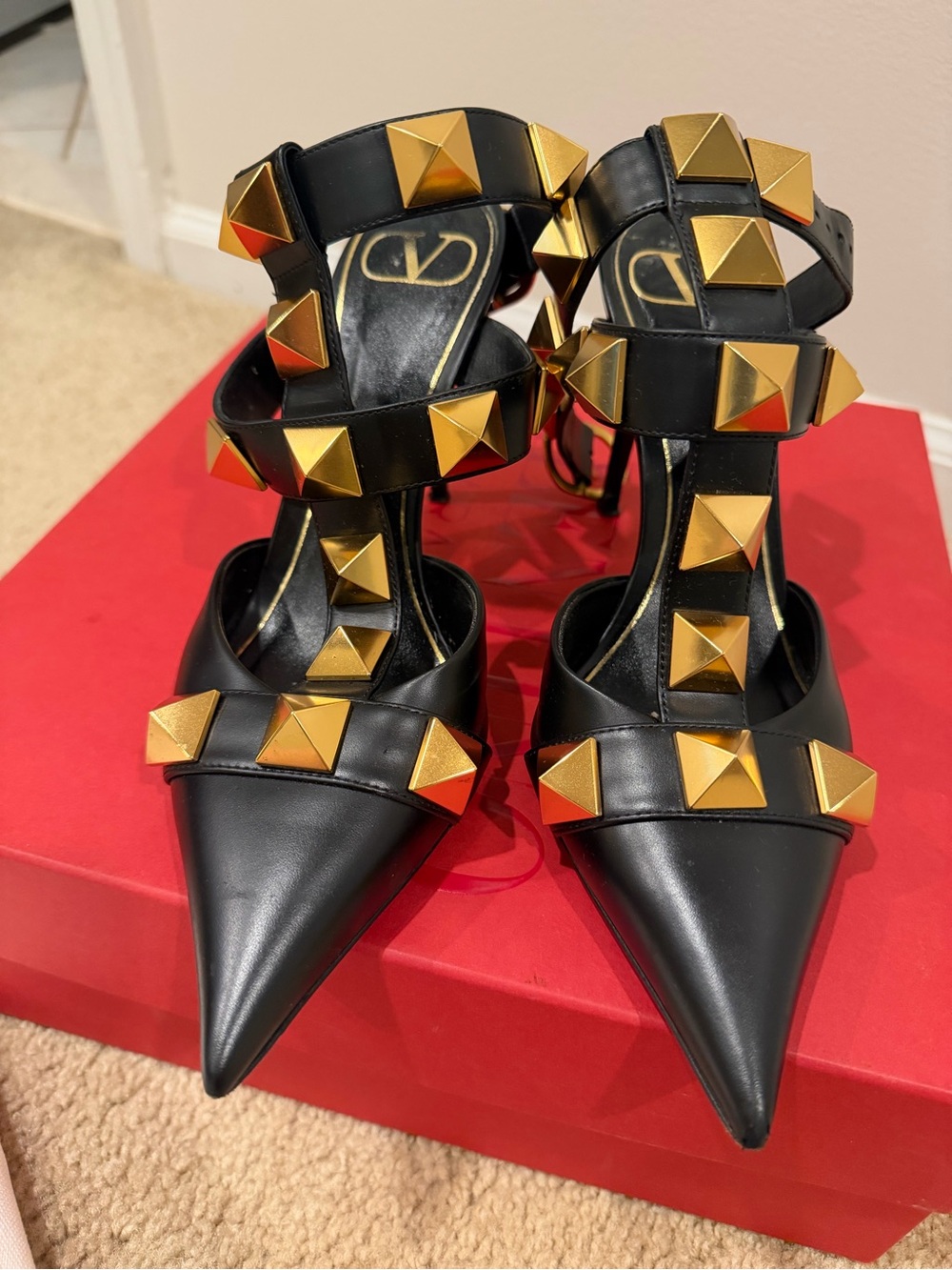 Valentino Black Leather Pointed Studded Ankle-Strap Heels
